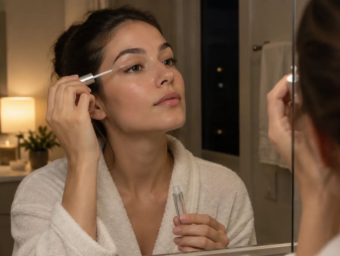 Applying lash serum along the upper lash line