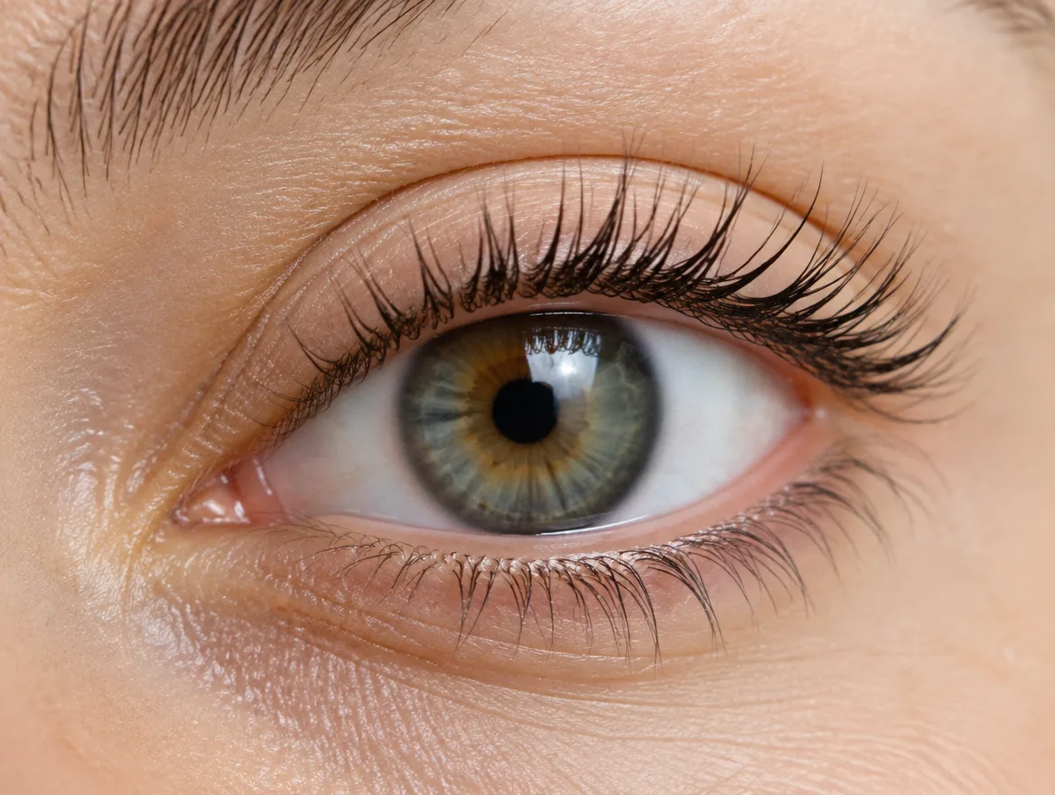 Macro close-up of an eye with long natural lashes