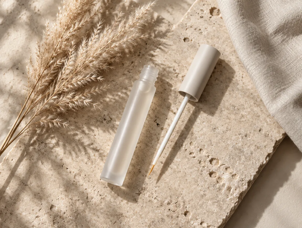 Lash serum tube on travertine stone with dried pampas grass
